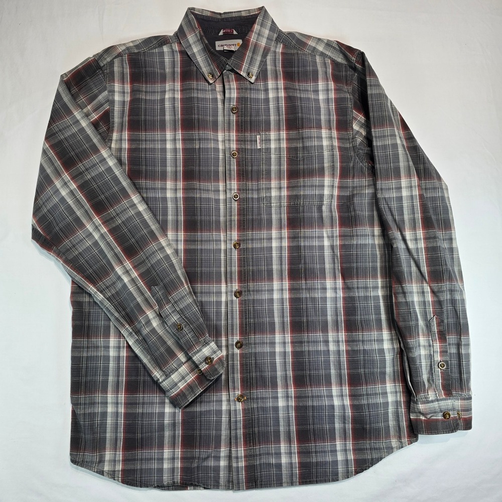 Carhartt Mens Relaxed Fit Plaid Button Down Shirt Gray Red 102202 Large Tall